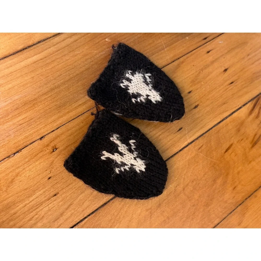 Vintage 1989 Pleasant Company Hand-Knitted Beanie and Mittens Set Black White